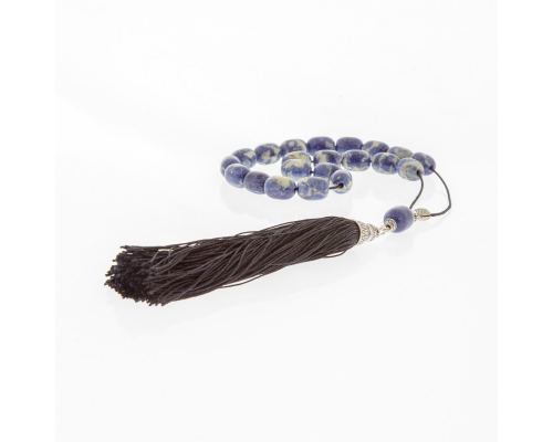 Greek Worry Beads, Handmade of Genuine Sodalite Gemstones - Silk Cord & Tassel - 925 Sterling Silver Parts