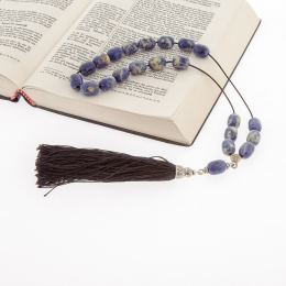 Greek Worry Beads, Handmade of Genuine Sodalite Gemstones - Silk Cord & Tassel - 925 Sterling Silver Parts