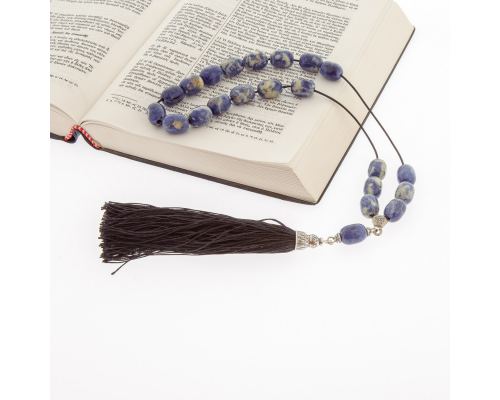 Greek Worry Beads, Handmade of Genuine Sodalite Gemstones - Silk Cord & Tassel - 925 Sterling Silver Parts