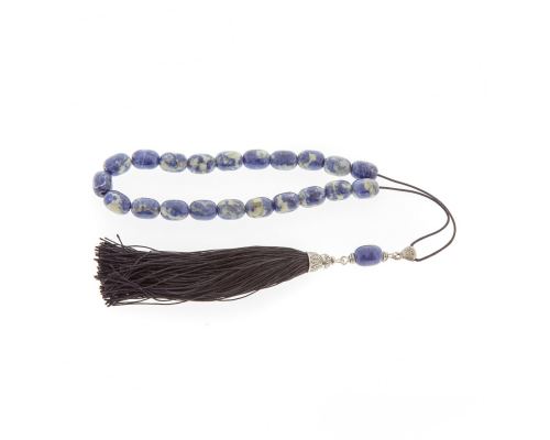 Greek Worry Beads, Handmade of Genuine Sodalite Gemstones - Silk Cord & Tassel - 925 Sterling Silver Parts