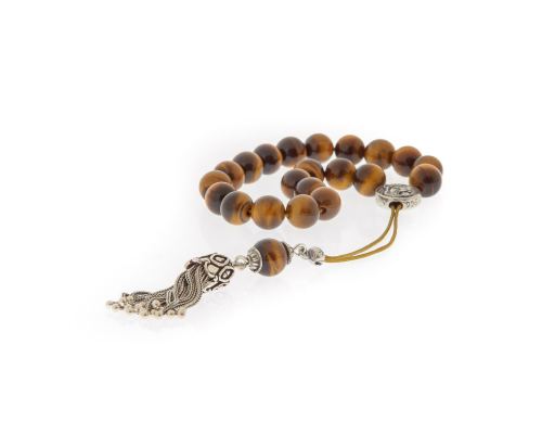 Greek Worry Beads, Handmade of Genuine Tiger Eye Gemstones - Silk Cord, 925 Sterling Silver Tassel & Parts - Leo Horoscope Star Sign