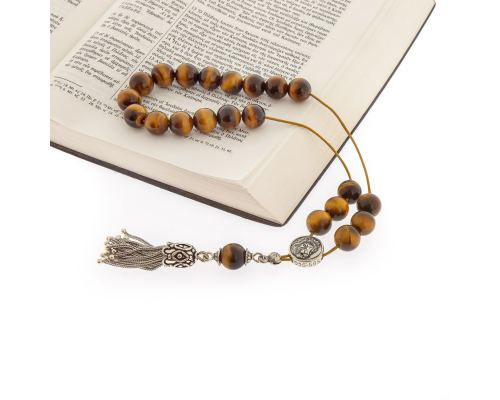 Greek Worry Beads, Handmade of Genuine Tiger Eye Gemstones - Silk Cord, 925 Sterling Silver Tassel & Parts - Leo Horoscope Star Sign