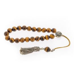 Greek Worry Beads, Handmade of Genuine Tiger Eye Gemstones - Silk Cord, 925 Sterling Silver Tassel & Parts - Leo Horoscope Star Sign