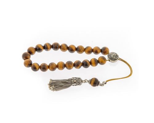 Greek Worry Beads, Handmade of Genuine Tiger Eye Gemstones - Silk Cord, 925 Sterling Silver Tassel & Parts - Leo Horoscope Star Sign