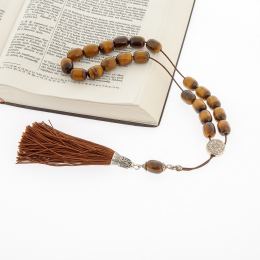 Greek Worry Beads, Handmade of Genuine Tiger Eye Gemstones on Pure Silk Cord & Tassel - 925 Sterling Silver Parts