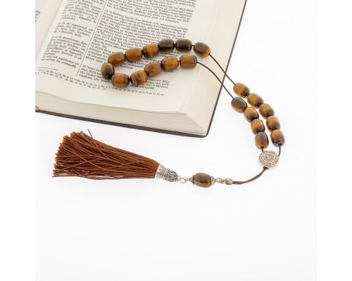 Greek Worry Beads, Handmade of Genuine Tiger Eye Gemstones on Pure Silk Cord & Tassel - 925 Sterling Silver Parts