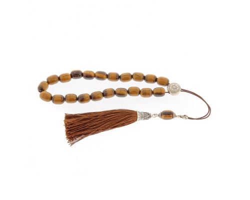 Greek Worry Beads, Handmade of Genuine Tiger Eye Gemstones on Pure Silk Cord & Tassel - 925 Sterling Silver Parts