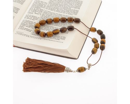 Greek Worry Beads, Handmade of Genuine Tiger Eye Gemstones - Silk Cord & Tassel & 925 Sterling Silver Parts. Version B'