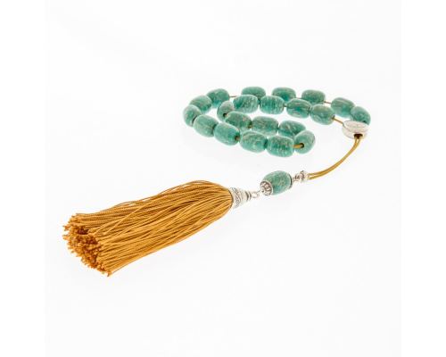 Greek Worry Beads, Handmade of Turquoise Amazonite Gemstones - Silk Cord & Tassel - 925 Sterling Silver Parts