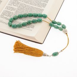 Greek Worry Beads, Handmade of Turquoise Amazonite Gemstones - Silk Cord & Tassel - 925 Sterling Silver Parts