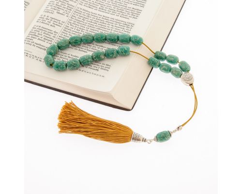 Greek Worry Beads, Handmade of Turquoise Amazonite Gemstones - Silk Cord & Tassel - 925 Sterling Silver Parts