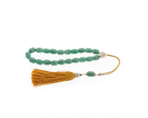 Greek Worry Beads, Handmade of Turquoise Amazonite Gemstones - Silk Cord & Tassel - 925 Sterling Silver Parts