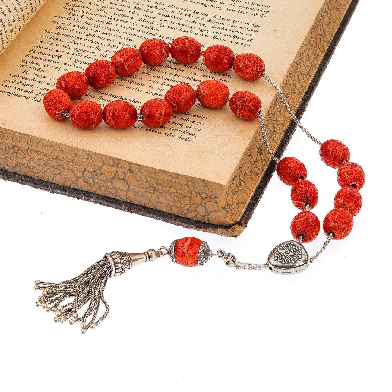 Greek Worry Beads Handmade of Natural Coral 925 Sterling Silver Chain Parts