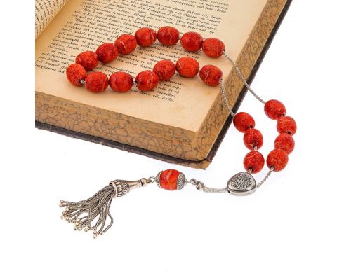 Greek Worry Beads, Handmade of Natural Coral & 925 Sterling Silver Chain & Parts