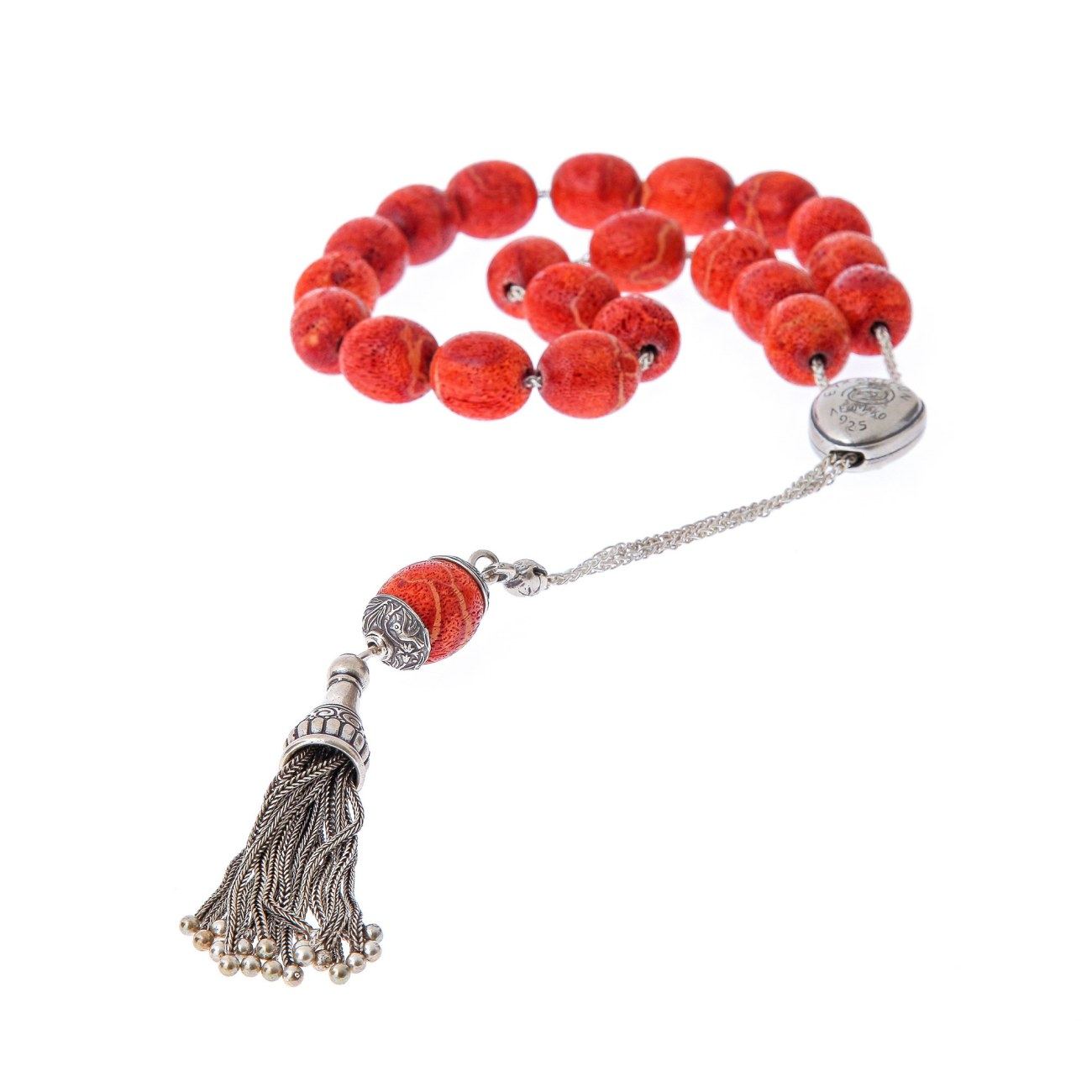 Greek Worry Beads Handmade of Natural Coral 925 Sterling Silver