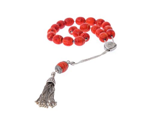 Greek Worry Beads, Handmade of Natural Coral & 925 Sterling Silver Chain & Parts