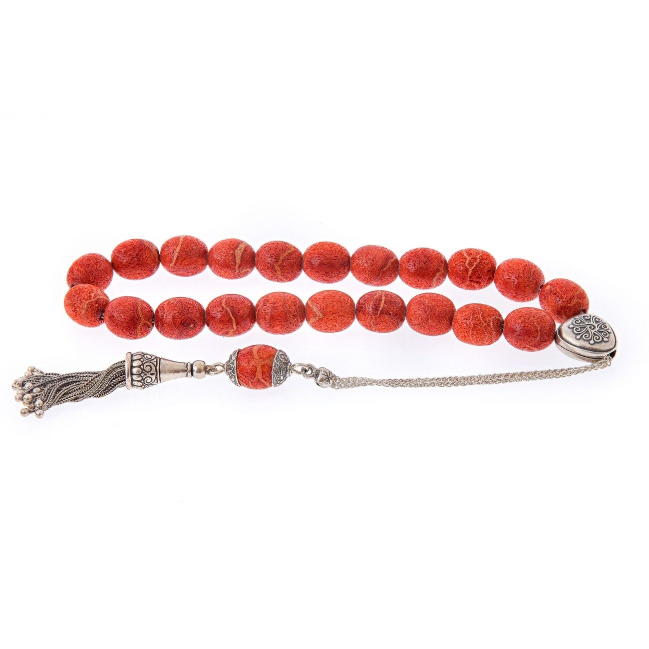 Greek Worry Beads Handmade of Natural Coral 925 Sterling Silver Chain Parts. Impressive and Stylish Gift