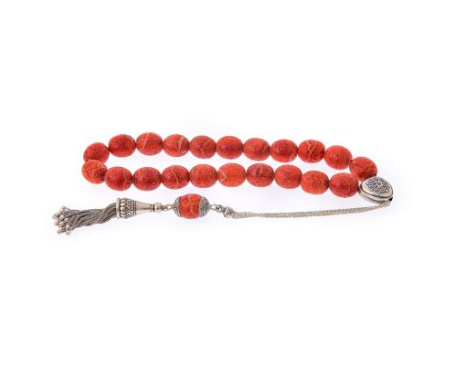 Greek Worry Beads, Handmade of Natural Coral & 925 Sterling Silver Chain & Parts