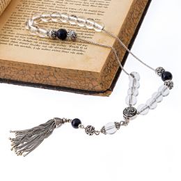 Greek Worry Beads, Handmade of Quartz & Chrysolite Gemstones - 925 Sterling Silver Chain, Tassel & Decor Parts