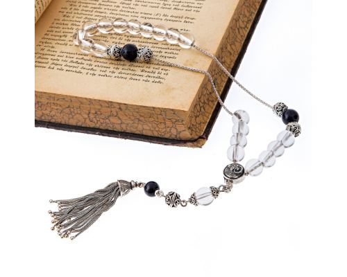 Greek Worry Beads, Handmade of Quartz & Chrysolite Gemstones - 925 Sterling Silver Chain, Tassel & Decor Parts