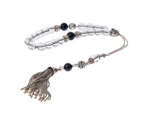 Greek Worry Beads, Handmade of Quartz & Chrysolite Gemstones - 925 Sterling Silver Chain, Tassel & Decor Parts