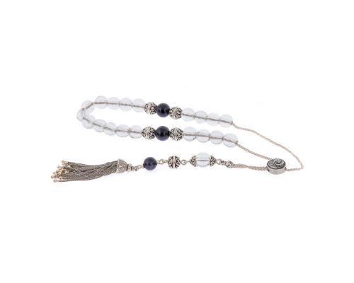 Greek Worry Beads, Handmade of Quartz & Chrysolite Gemstones - 925 Sterling Silver Chain, Tassel & Decor Parts