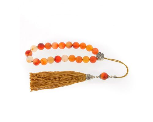 Greek Worry Beads, Handmade of Red Agate Gemstones, Silk Cord & Tassel & 925 Sterling Silver Parts & Aries Horoscope Star Sign