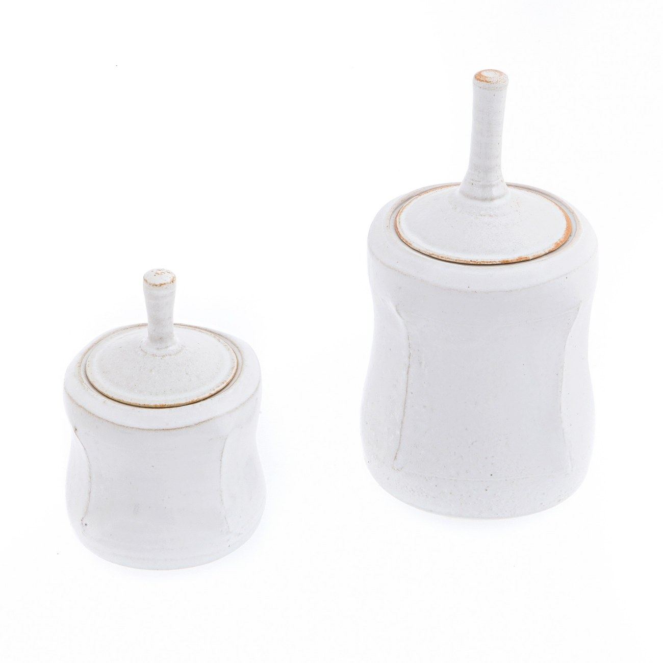 Kitchen Storage Container or Jar Set of 2, Handmade Ceramic, White, Long Handle Lid