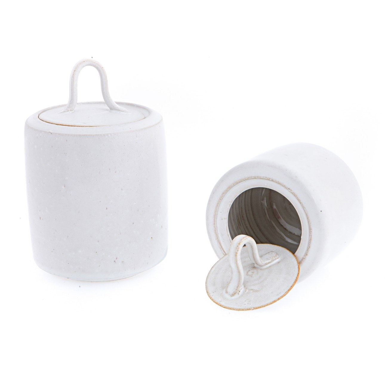 Kitchen Storage Container Or Jar Set Of 2 Handmade Ceramic White Curvy Handle Lid