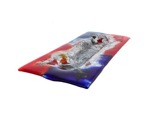 Large Decorative Platter, Rectangular Handmade, Fused Glass Centerpiece, Red Blue Design 59cm (23.3'')