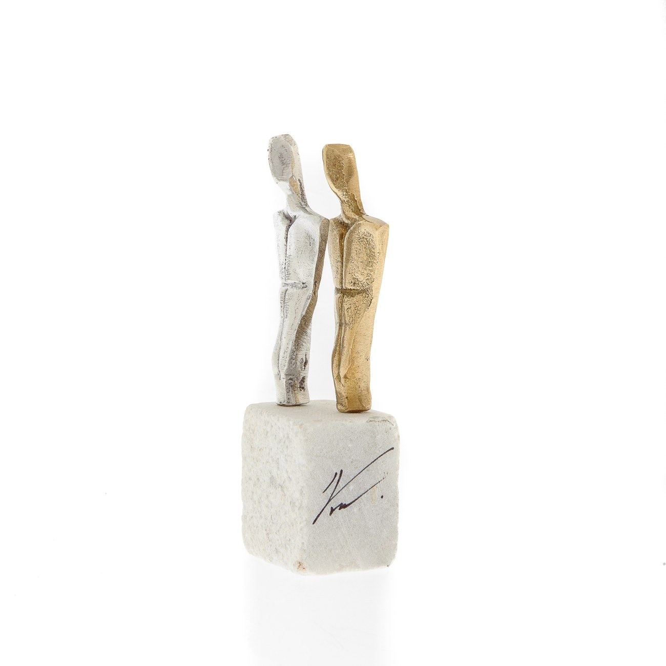 2 Human Figures Metal Sculpture Handmade Bronze & Aluminum on Marble