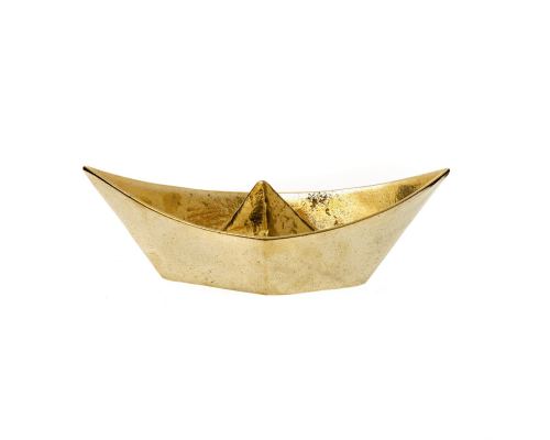 Boat Decorative Ornament, Handmade Solid Bronze Metal, "Paper Boat" Design - Extra Large, Gold Color