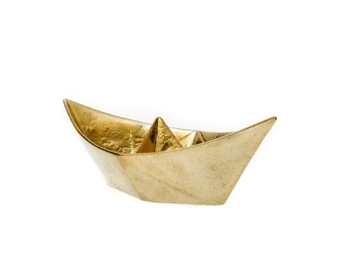 Boat Decorative Ornament, Handmade Solid Bronze Metal, "Paper Boat" Design - Extra Large, Gold Color