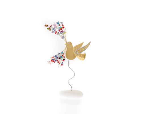 Bird Figure & Colorful Beads - Handmade Modern Metal Table Ornament, Gold Color 9.8" (25cm)