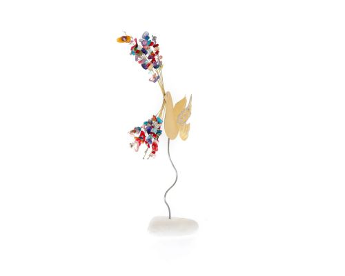 Bird Figure & Colorful Beads - Handmade Modern Metal Table Ornament, Gold Color 9.8" (25cm)