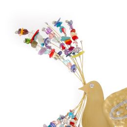 Bird Figure & Colorful Beads - Handmade Modern Metal Table Ornament, Gold Color 9.8" (25cm)