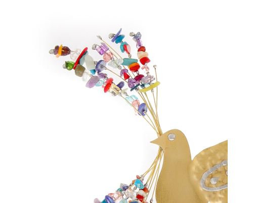 Bird Figure & Colorful Beads - Handmade Modern Metal Table Ornament, Gold Color 9.8" (25cm)