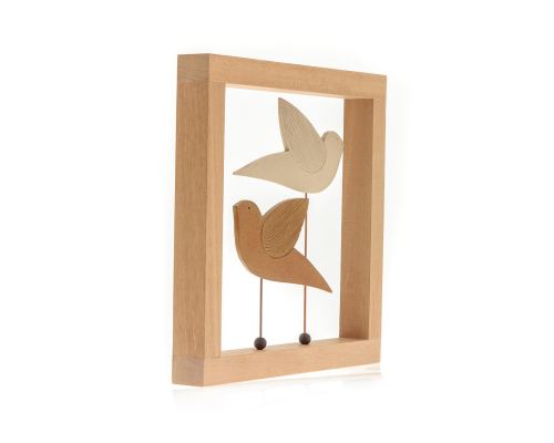 Modern 3D Birds - Handmade Ceramic & Wood Frame Art Decor Ornament - Brown & Beige 10.2" (26cm)