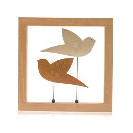 Modern 3D Birds - Handmade Ceramic & Wood Frame Art Decor Ornament - Brown & Beige 10.2" (26cm)