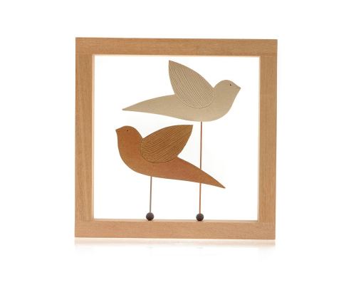 Modern 3D Birds - Handmade Ceramic & Wood Frame Art Decor Ornament - Brown & Beige 10.2" (26cm)