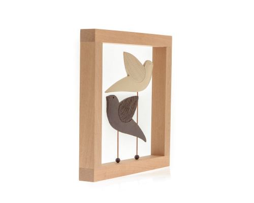 Modern 3D Birds - Handmade Ceramic & Wood Frame Art Decor Ornament - Black & Beige 10.2" (26cm)