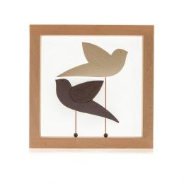 Modern 3D Birds - Handmade Ceramic & Wood Frame Art Decor Ornament - Black & Beige 10.2" (26cm)