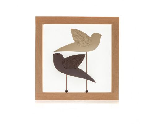 Modern 3D Birds - Handmade Ceramic & Wood Frame Art Decor Ornament - Black & Beige 10.2" (26cm)