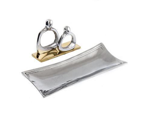 Business Card Holder - Handmade Solid Metal Desk Accessory - Figures Design, Silver