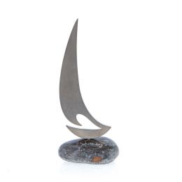 Sailing Boat Modern Sculpture - Handmade Stainless Steel on Pebble Stone - Original Artwork, Table Decor