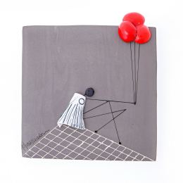 Modern Wall Art Decor Plaque - Girl with Balloons, Handmade 3D Ceramic Tile 10" (26cm)