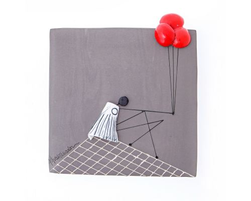 Modern Wall Art Decor Plaque - Girl with Balloons, Handmade 3D Ceramic Tile 10" (26cm)