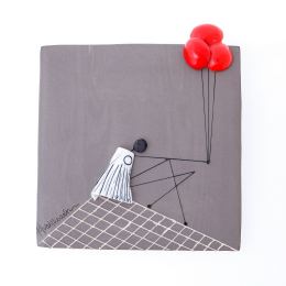Modern Wall Art Decor Plaque - Girl with Balloons, Handmade 3D Ceramic Tile 10" (26cm)
