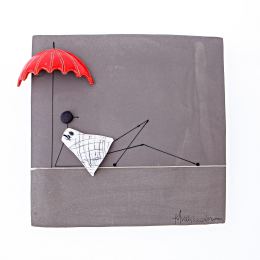 Modern Wall Art Decor Plaque - Girl with Umbrella, Handmade 3D Ceramic Tile 10" (26cm)