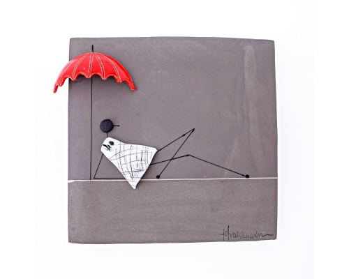 Modern Wall Art Decor Plaque - Girl with Umbrella, Handmade 3D Ceramic Tile 10" (26cm)